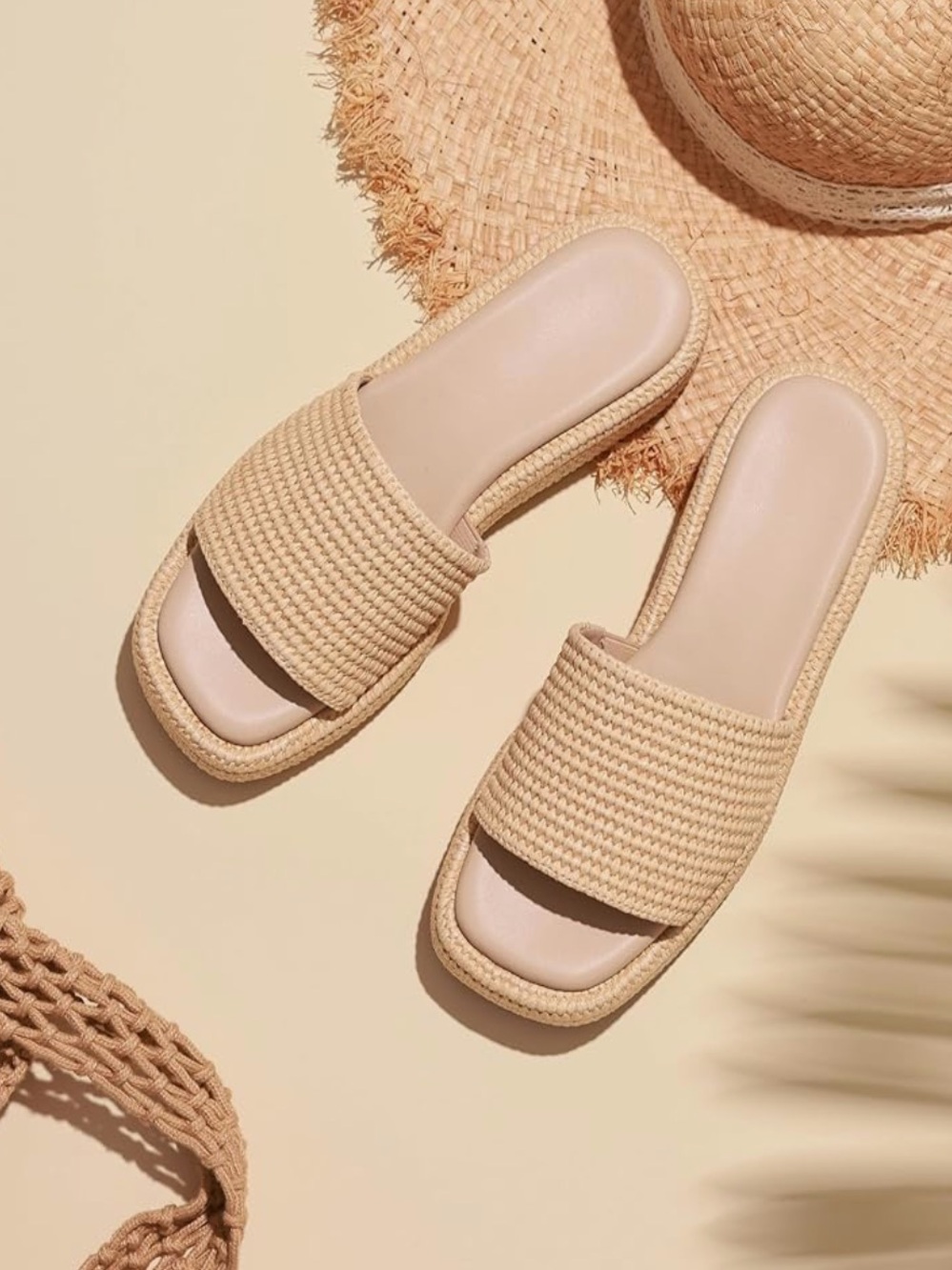 Women's Beige Raffia Slide Sandals